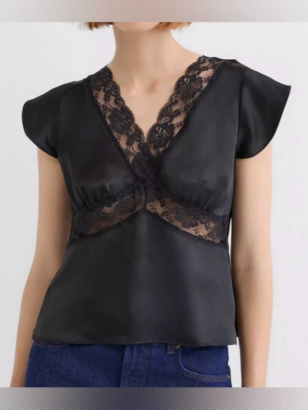 LOFT Black Satin V-Neck Lace Trim Top